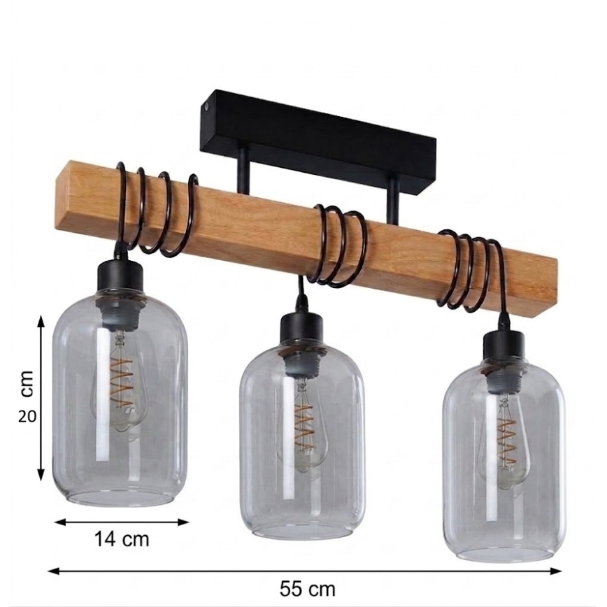 BRILAGI - Flush-mounted chandelier WOOD GLASS 3xE27/60W/230V Pine/Black/Smoked Gray