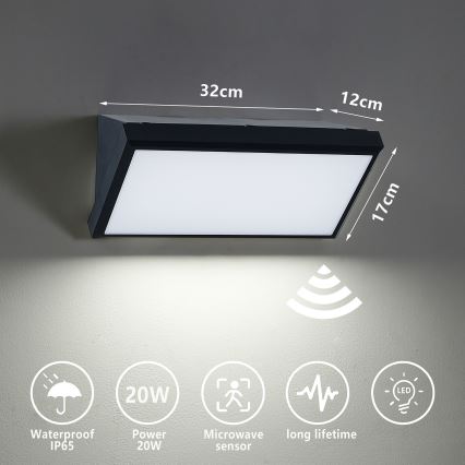 Brilagi - TRIANGLE LED Outdoor Wall Light with Sensor, 20W/230V, Black, IP65