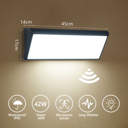 Brilagi - TRIANGLE LED/42W/230V Outdoor Wall Light with Built-in Sensor, Black, IP65