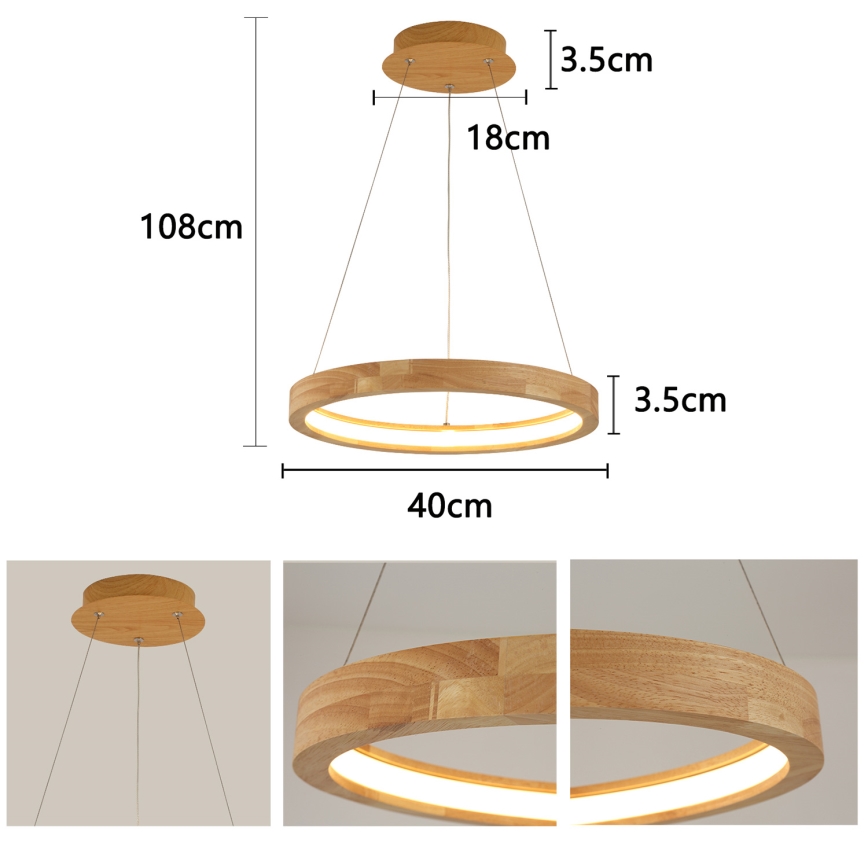 Brilagi - UMEA WOOD cable-suspended LED pendant, 30W/230V, Ø 40 cm, wood