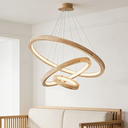 Brilagi - UMEA WOOD LED cable pendant, 45W LED, 230V, Ø 60 cm, rubberwood