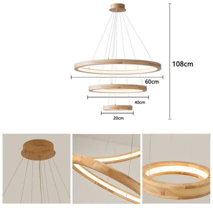 Brilagi - UMEA WOOD LED cable pendant, 45W LED, 230V, Ø 60 cm, rubberwood