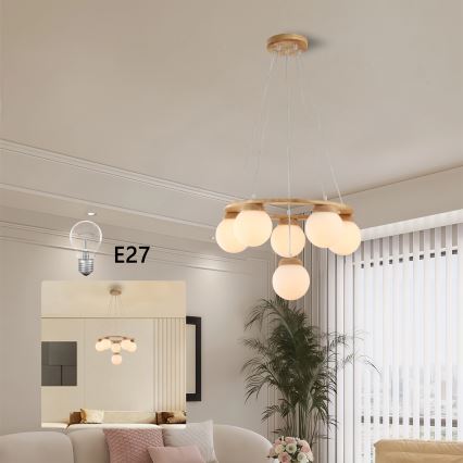 Brilagi - VISBY WOOD cable-suspended pendant 6xE27/60W/230V Ø 58 cm, rubberwood