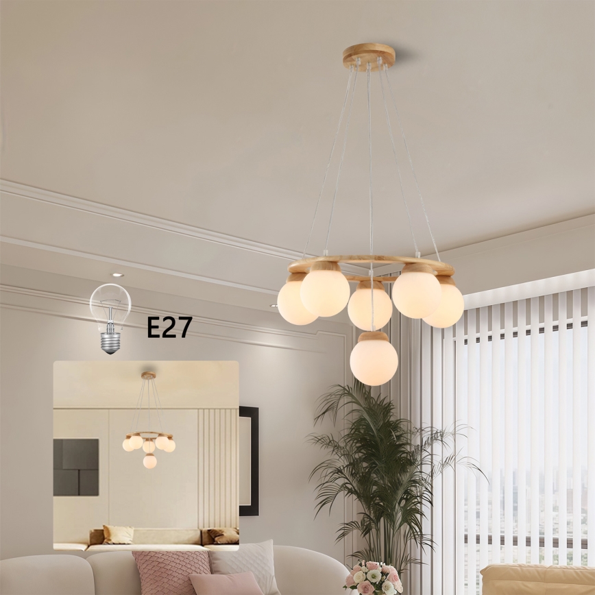 Brilagi - VISBY WOOD cable-suspended pendant 6xE27/60W/230V Ø 58 cm, rubberwood