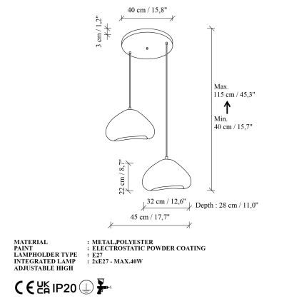 Brilagi - WABI SABI Cable-Hung Pendant Light, 2x E27/40W/230V, Ø 45 cm, White