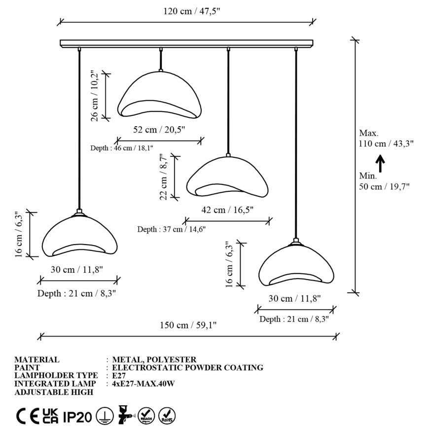Brilagi - WABI SABI cable pendant light 4xE27/40W/230V, white