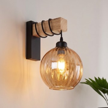 BRILAGI - Wall lamp WOOD GLASS 1xE27/60W/230V pine/black/smoky brown