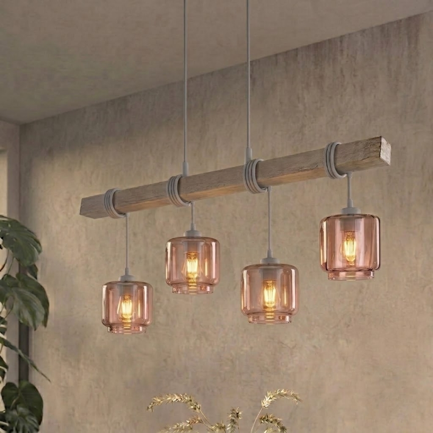 BRILAGI - Cable-hung pendant light WOOD GLASS 4xE27/60W/230V pine/gray/smoky beige