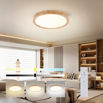 Brilagi - WOODROUND Dimmable LED Ceiling Light 30W/230V 3000-6000K Ø40 cm Wood CRI 90 + Remote Control