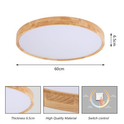 Brilagi - WOODROUND LED Ceiling Light, 40W, 230V, 3000/4000/6000K, Ø 60 cm, Wood, CRI 90