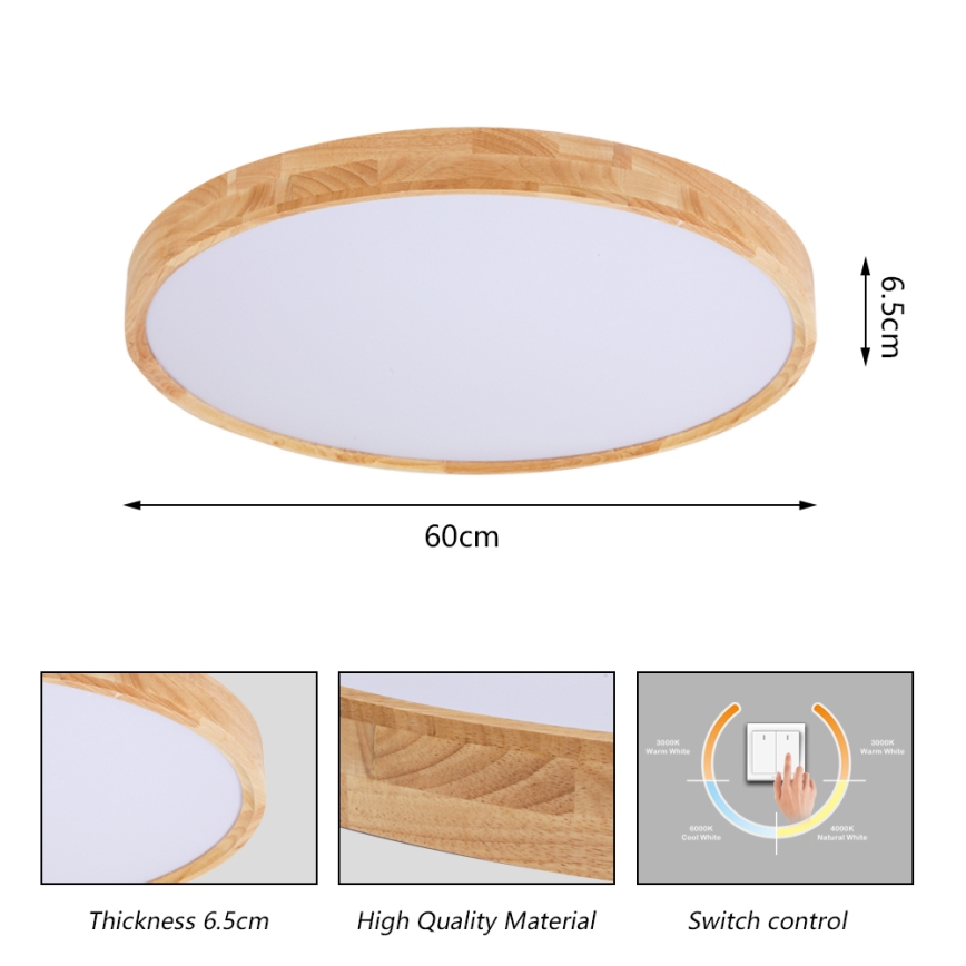 Brilagi - WOODROUND LED Ceiling Light LED/40W/230V 3000/4000/6000K Ø60 cm Wood CRI 90