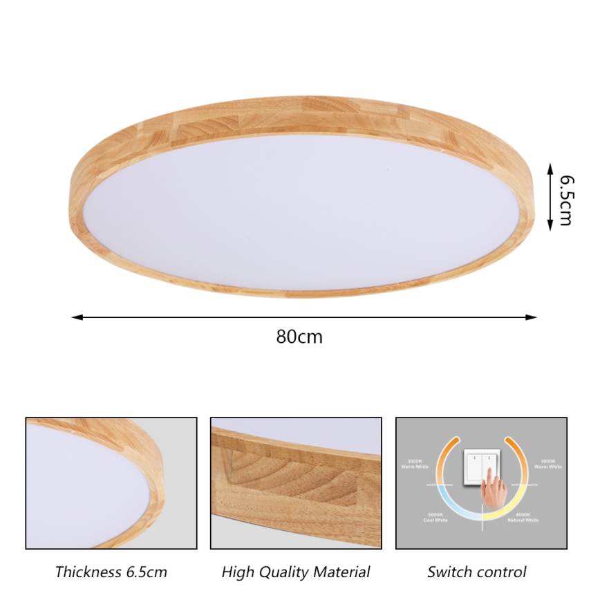 Brilagi - WOODROUND LED Ceiling Light LED/70W/230V 3000/4000/6000K Ø 80 cm Wood CRI 90
