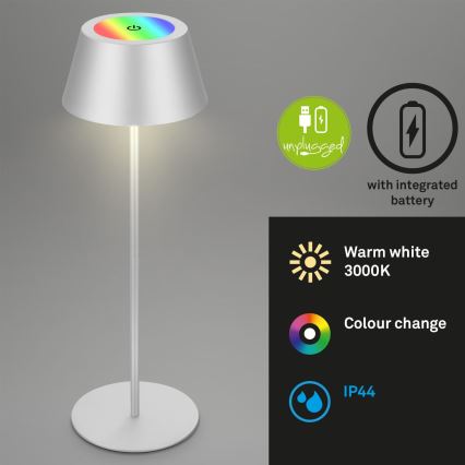 Brilo - KIKI LED RGB Dimmable Rechargeable Touch Outdoor Table Lamp, 2.6W/5V, IP44, 2600 mAh, Silver