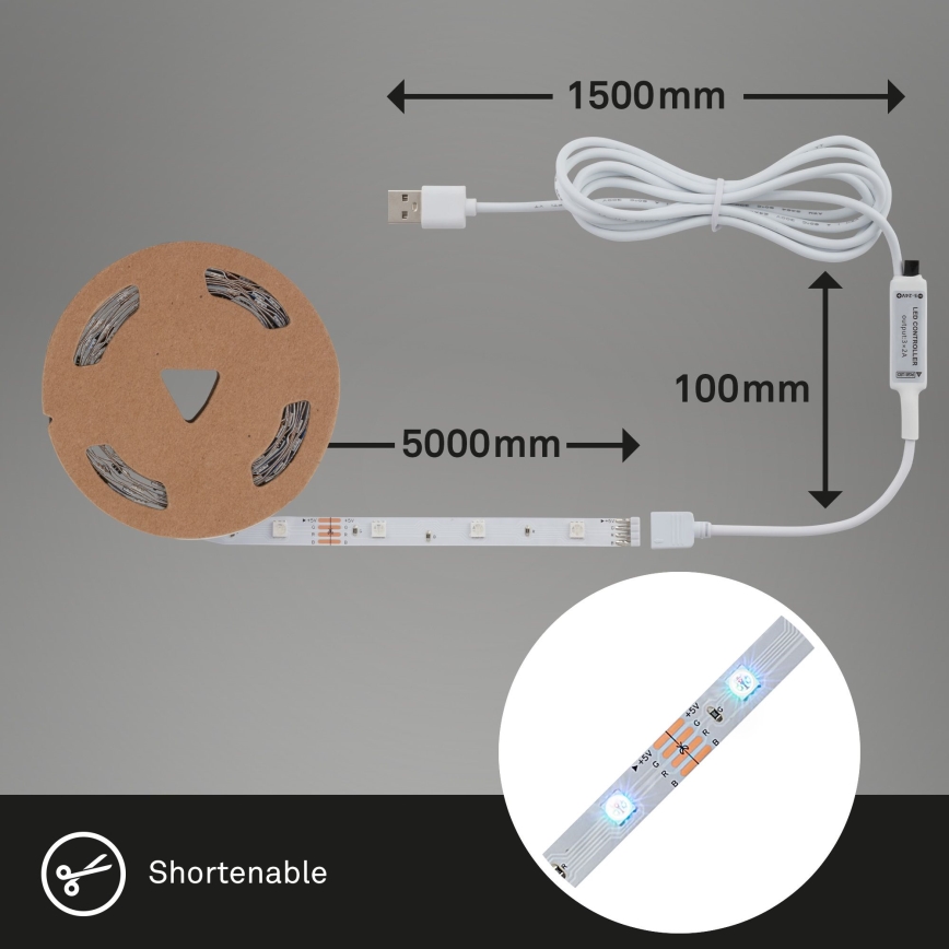 Brilo - LED RGB Dimmable strip 6,6m LED/6W/USB + remote control