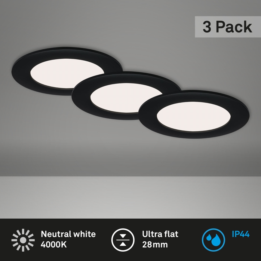 Brilo - Set of 3 FLAT LED bathroom recessed ceiling lights/6W/230V IP44 black