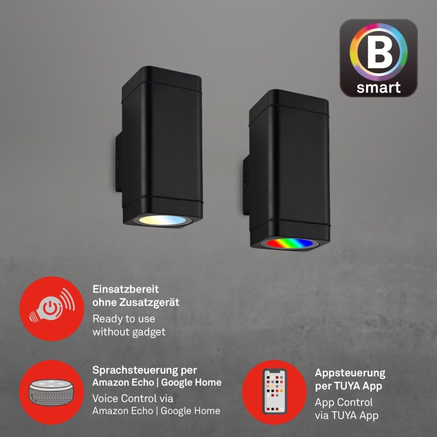 Briloner 3675-025 - LED RGBW Dimmable outdoor wall light 2xLED/8,5W/230V 3000-6500K Wi-Fi Tuya IP44 black