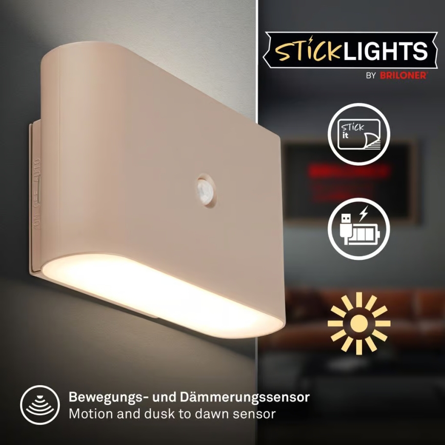 Briloner 3878011 - LED Rechargeable Wall Light with Motion and Dusk Sensor CHAT LED/3W/5V 2000 mAh Beige
