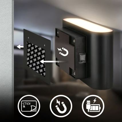 Briloner 3878015 - Rechargeable LED wall light with motion and dusk sensor CHAT LED/3W/5V 2000 mAh black