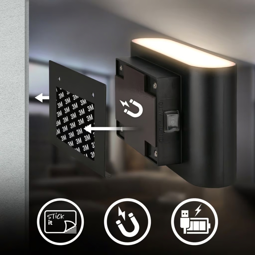 Briloner 3878015 - Rechargeable LED wall light with motion and dusk sensor CHAT LED/3W/5V 2000 mAh black