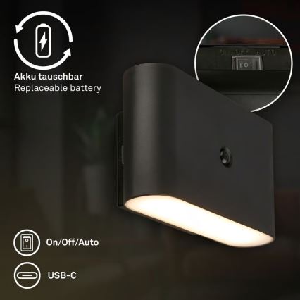 Briloner 3878015 - Rechargeable LED wall light with motion and dusk sensor CHAT LED/3W/5V 2000 mAh black