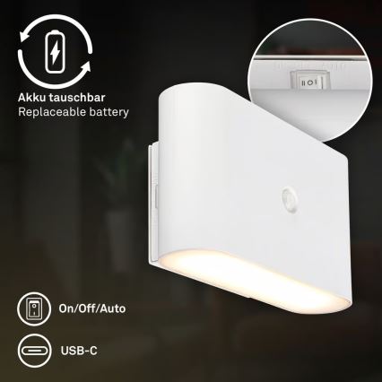 Briloner 3878016 - Rechargeable LED Wall Light with Motion and Dusk Sensor CHAT LED/3W/5V 2000 mAh white