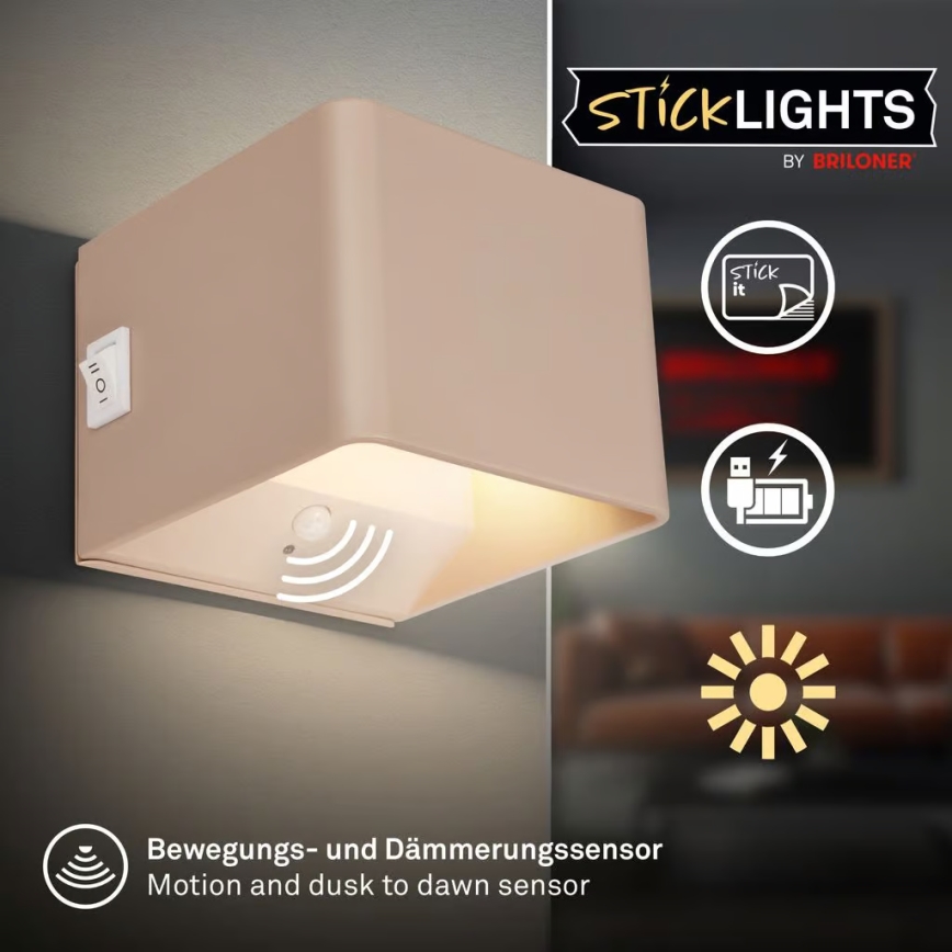 Briloner 3879011 - LED Rechargeable Wall Light with Motion and Dusk Sensor BORRA LED/1.5W/5V 3600 mAh Beige