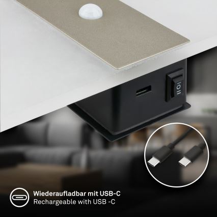 Briloner 3888012 - AURA Rechargeable LED Wall Light with Motion and Dusk Sensor LED/2.5W/5V 1800 mAh Matte Chrome