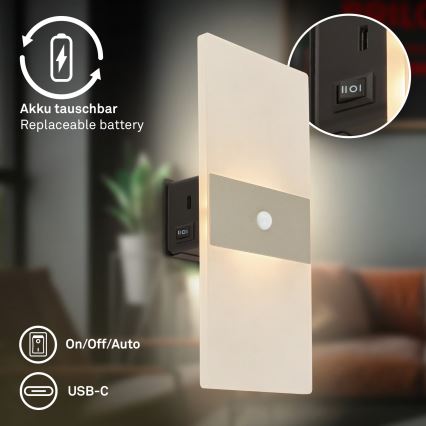 Briloner 3888012 - AURA Rechargeable LED Wall Light with Motion and Dusk Sensor LED/2.5W/5V 1800 mAh Matte Chrome