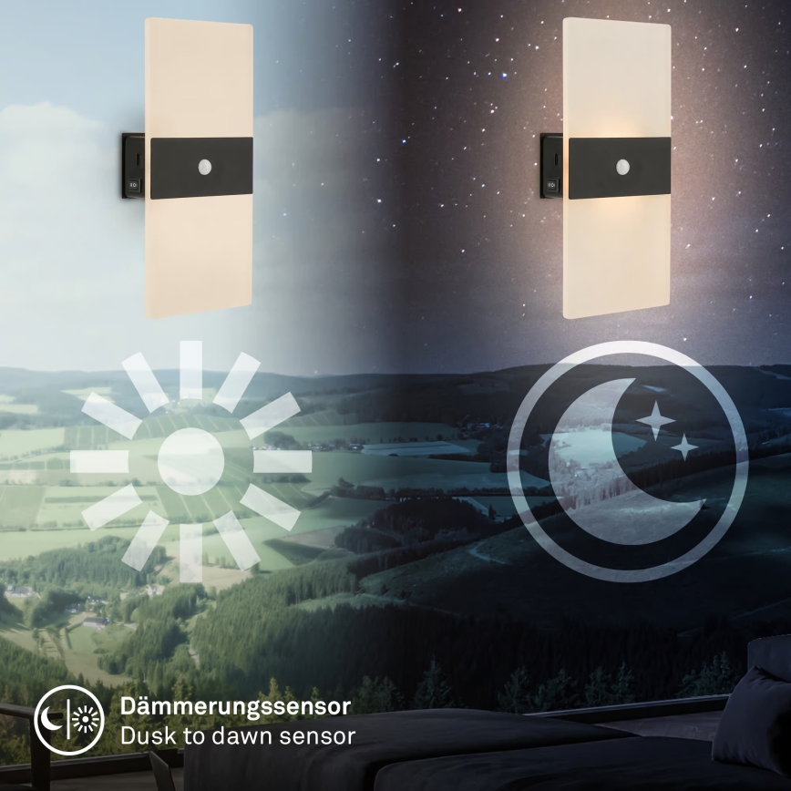 Briloner 3888015 - AURA Rechargeable LED Wall Light with Motion and Dusk Sensor, LED/2.5W/5V, 1800 mAh, Black