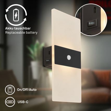 Briloner 3888015 - AURA Rechargeable LED Wall Light with Motion and Dusk Sensor, LED/2.5W/5V, 1800 mAh, Black
