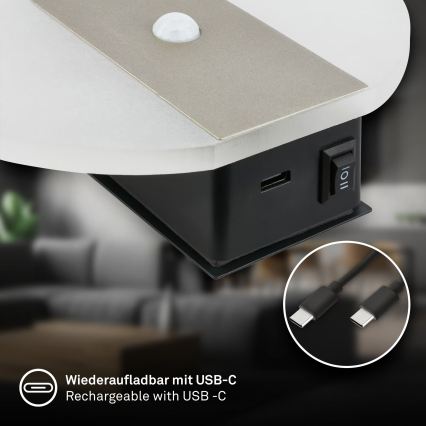 Briloner 3889012 - TARO LED Rechargeable Wall Light with Motion and Dusk Sensor LED/2.5W/5V/1800 mAh, matte chrome