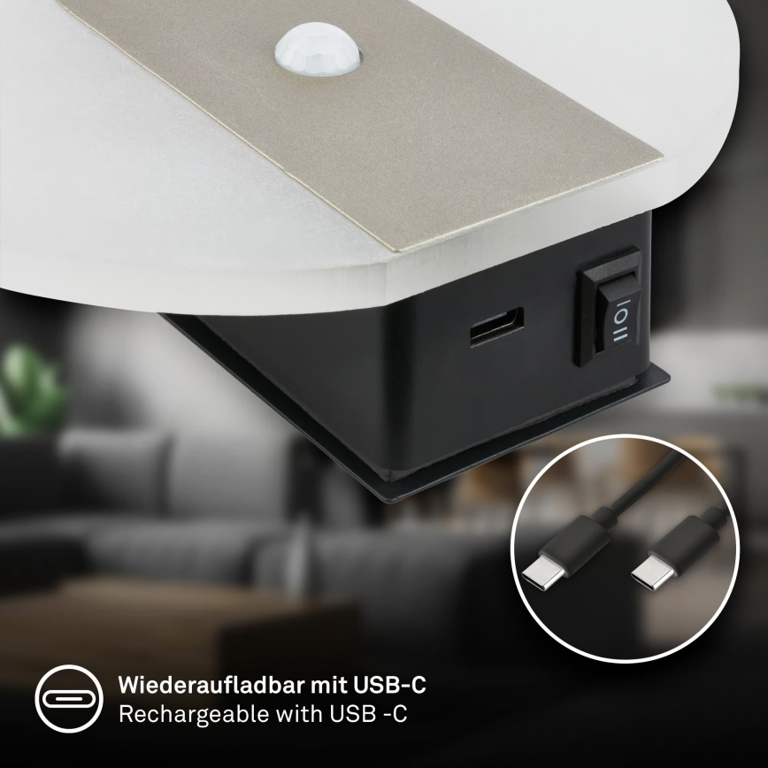 Briloner 3889012 - TARO LED Rechargeable Wall Light with Motion and Dusk Sensor LED/2.5W/5V/1800 mAh, matte chrome