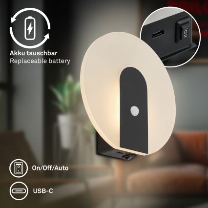 Briloner 3889015 - LED rechargeable wall light with motion and dusk sensor TARO LED/2.5W/5V 1800 mAh black