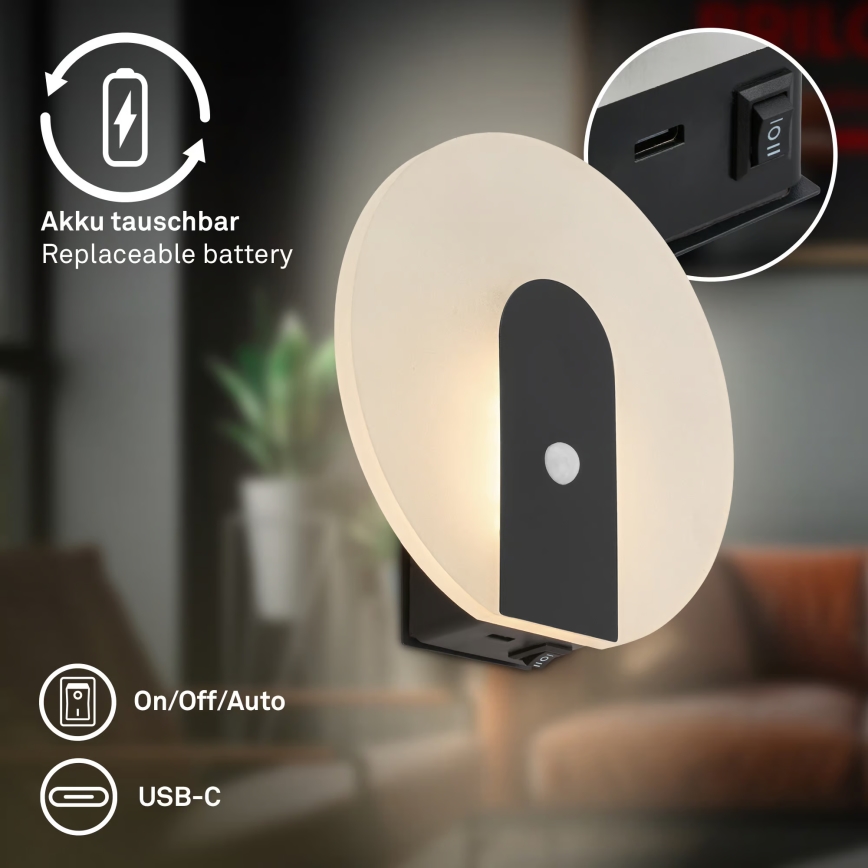 Briloner 3889015 - LED rechargeable wall light with motion and dusk sensor TARO LED/2.5W/5V 1800 mAh black