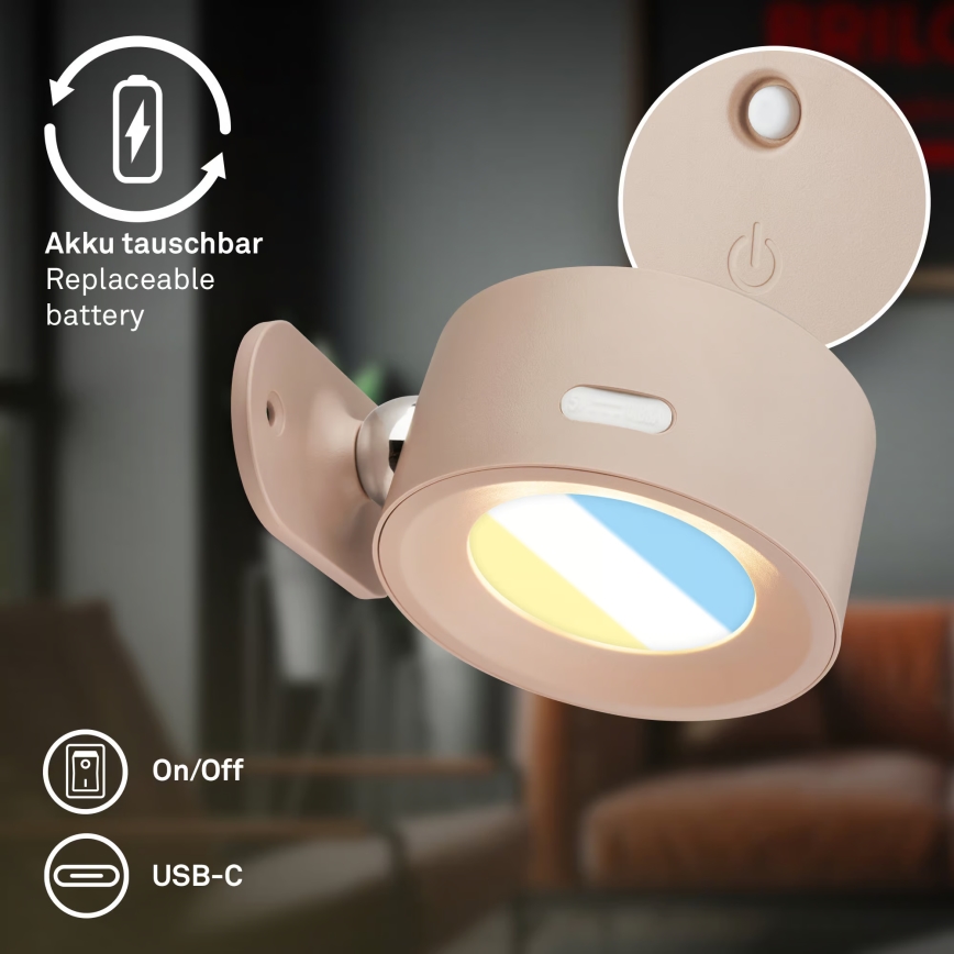 Briloner 3896011 - TARI LED Dimmable Rechargeable Wall Light, 1.6W/5V, 1500 mAh, Beige