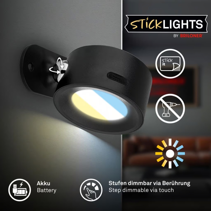 Briloner 3896015 - LED Dimmable Rechargeable Wall Light TARI LED/1.6W/5V 1500 mAh black