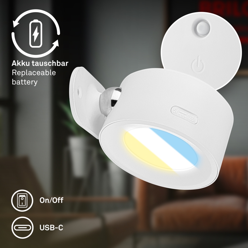 Briloner 3896016 - TARI LED Dimmable Rechargeable Wall Light LED/1,6W/5V 1500 mAh White