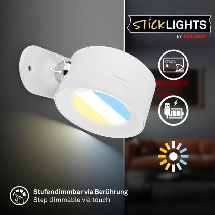Briloner 3896016 - TARI LED Dimmable Rechargeable Wall Light LED/1,6W/5V 1500 mAh White