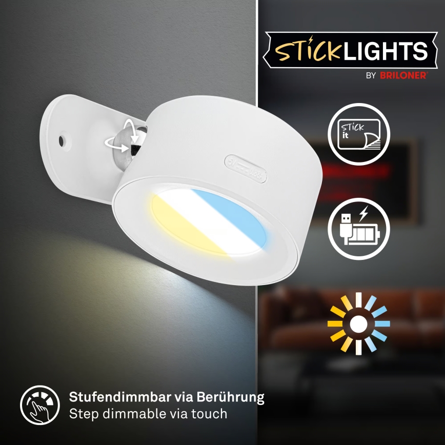 Briloner 3896016 - TARI LED Dimmable Rechargeable Wall Light LED/1,6W/5V 1500 mAh White