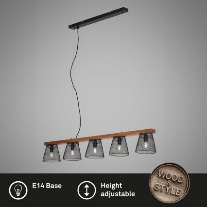 Briloner 4077-055 - WOOD & STYLE Cable-Hung Pendant, 5xE14/25W/230V, Rubberwood