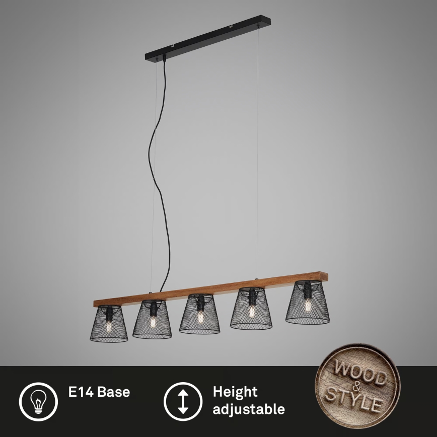 Briloner 4077-055 - WOOD & STYLE Cable-Hung Pendant, 5xE14/25W/230V, Rubberwood