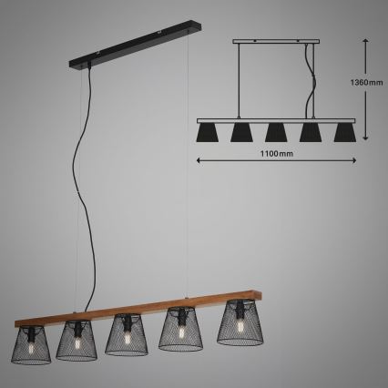 Briloner 4077-055 - WOOD & STYLE Cable-Hung Pendant, 5xE14/25W/230V, Rubberwood