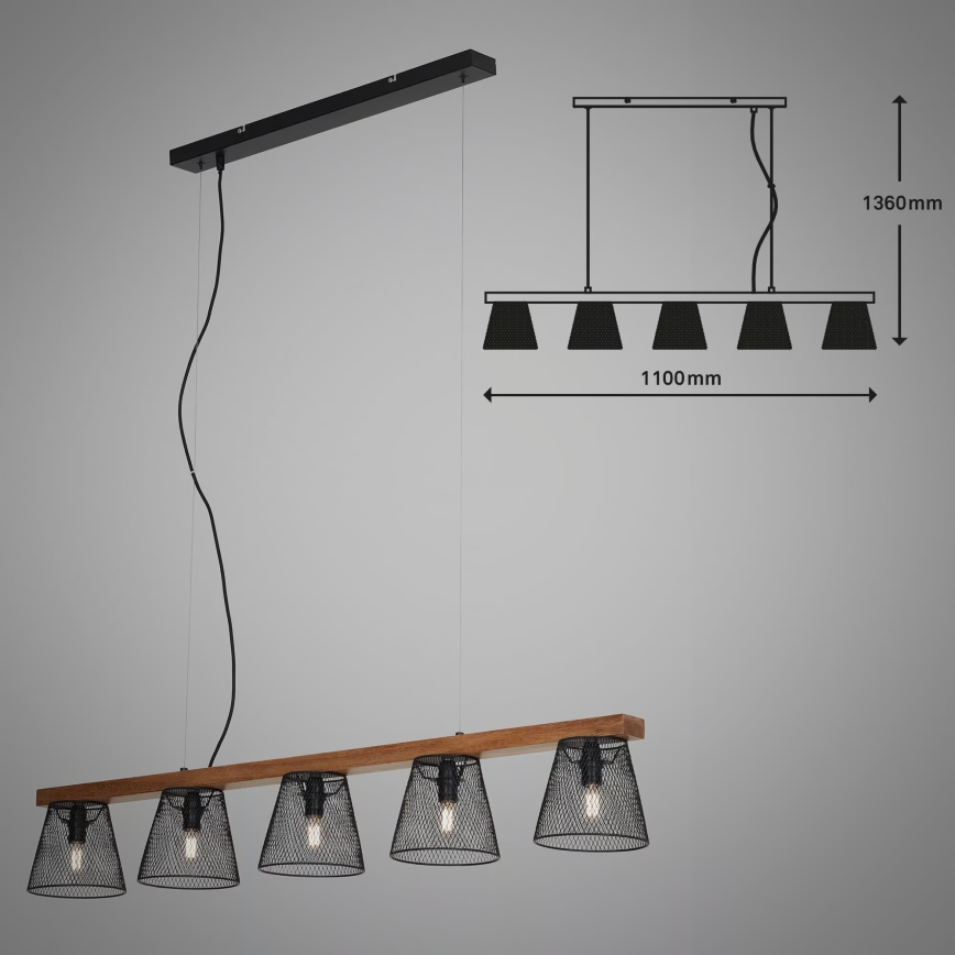 Briloner 4077-055 - WOOD & STYLE Cable-Hung Pendant, 5xE14/25W/230V, Rubberwood