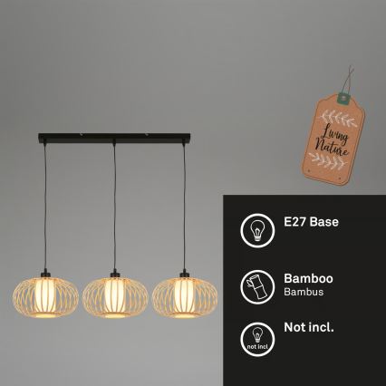 Briloner 4759031 - Cable-suspended pendant light 3x E27/10W/230V, black/bamboo