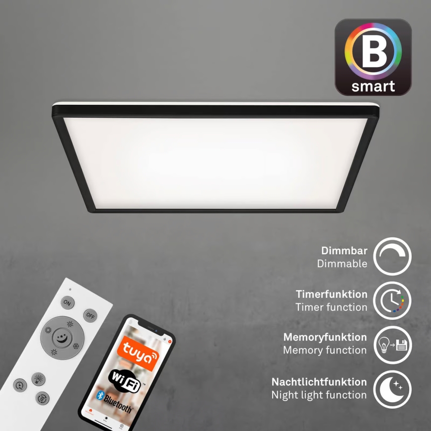 Briloner 7060-015 – SLIM Dimmable Surface-Mounted LED Panel, 22W, 230V, Tunable 2700–6500K, 42×42 cm, Black, Tuya Wi‑Fi + Remote Control