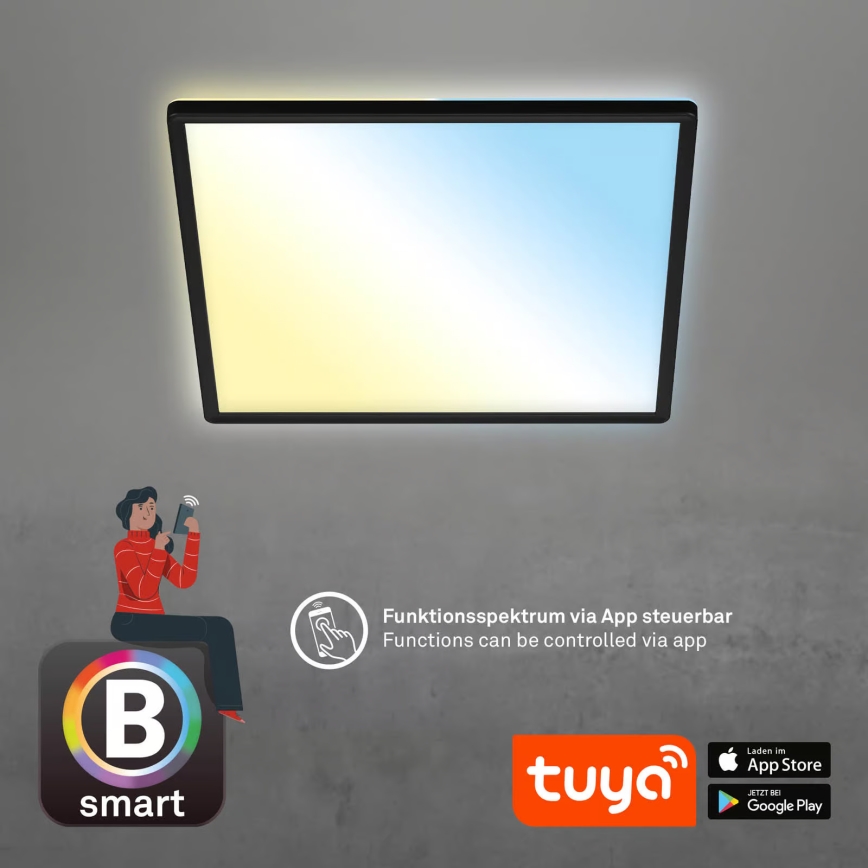 Briloner 7060-015 – SLIM Dimmable Surface-Mounted LED Panel, 22W, 230V, Tunable 2700–6500K, 42×42 cm, Black, Tuya Wi‑Fi + Remote Control