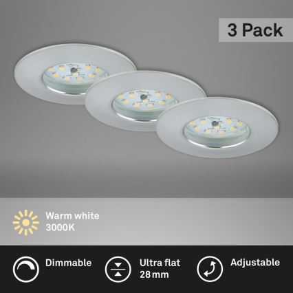 Briloner 7231-039 - Set of 3 Dimmable LED Bathroom Recessed Downlights, 5.5W/230V, IP44, Matte Chrome