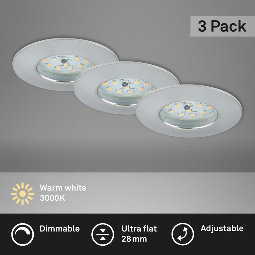 Briloner 7231-039 - Set of 3 Dimmable LED Bathroom Recessed Downlights, 5.5W/230V, IP44, Matte Chrome