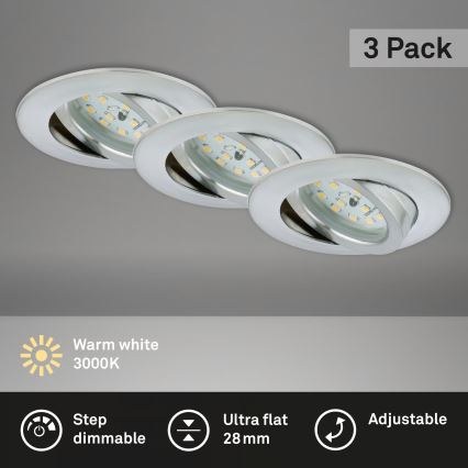Briloner 7296-039 - Set of 3 Dimmable Bathroom Recessed LED Downlights 1x LED/6.5W/230V 3000K IP23 Matte Chrome
