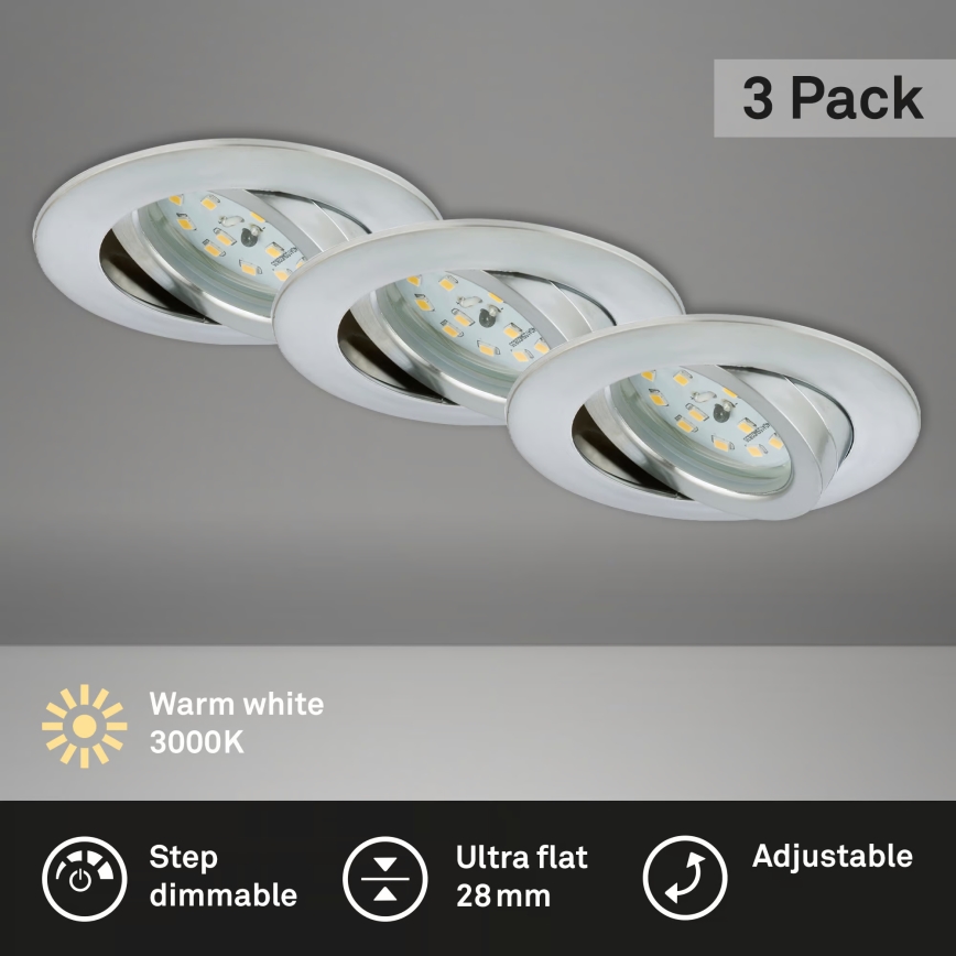 Briloner 7296-039 - Set of 3 Dimmable Bathroom Recessed LED Downlights 1x LED/6.5W/230V 3000K IP23 Matte Chrome